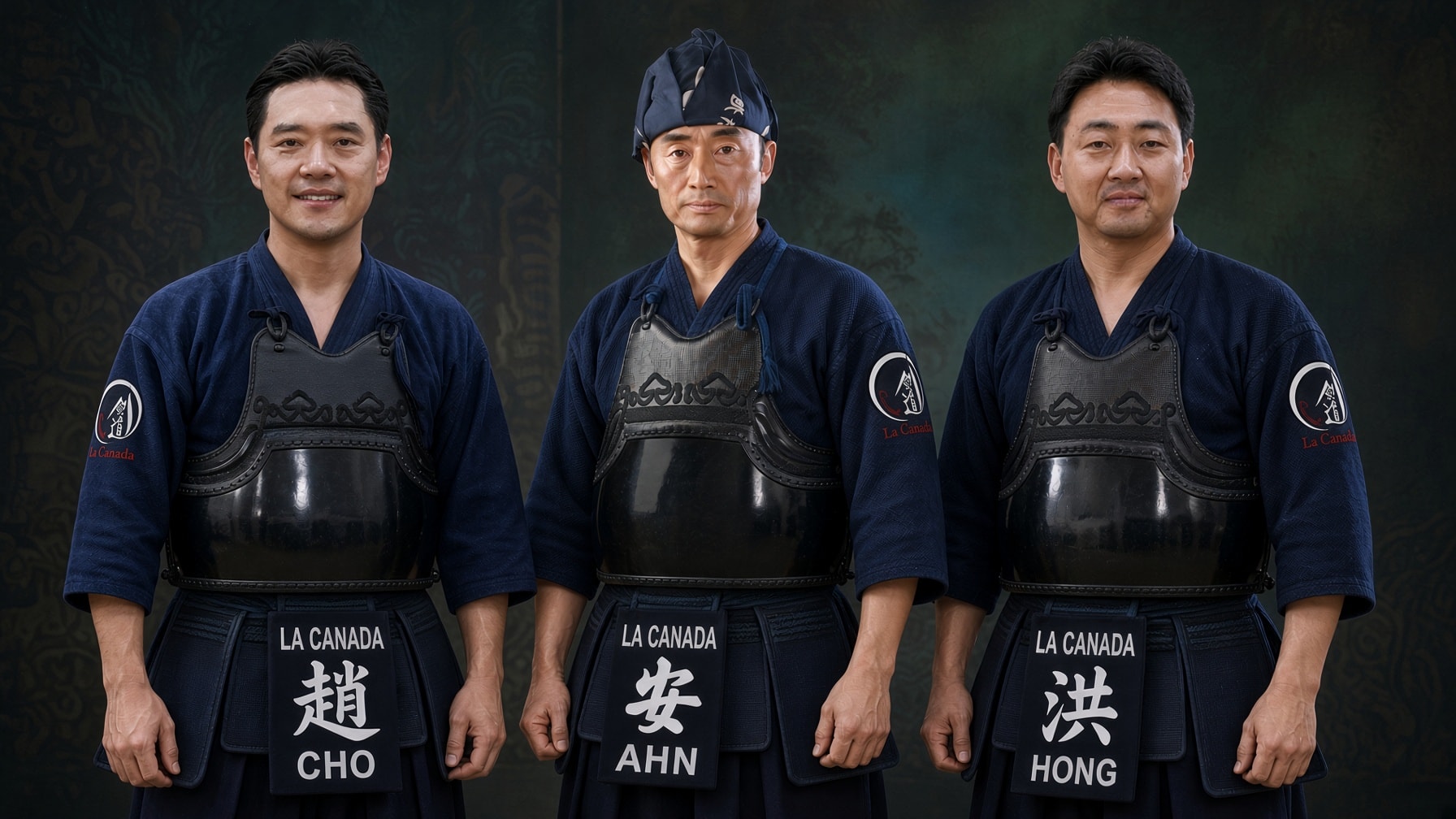 LCKA instructors Cho, Ahn, and Hong in full kendo bogu with La Canada tare