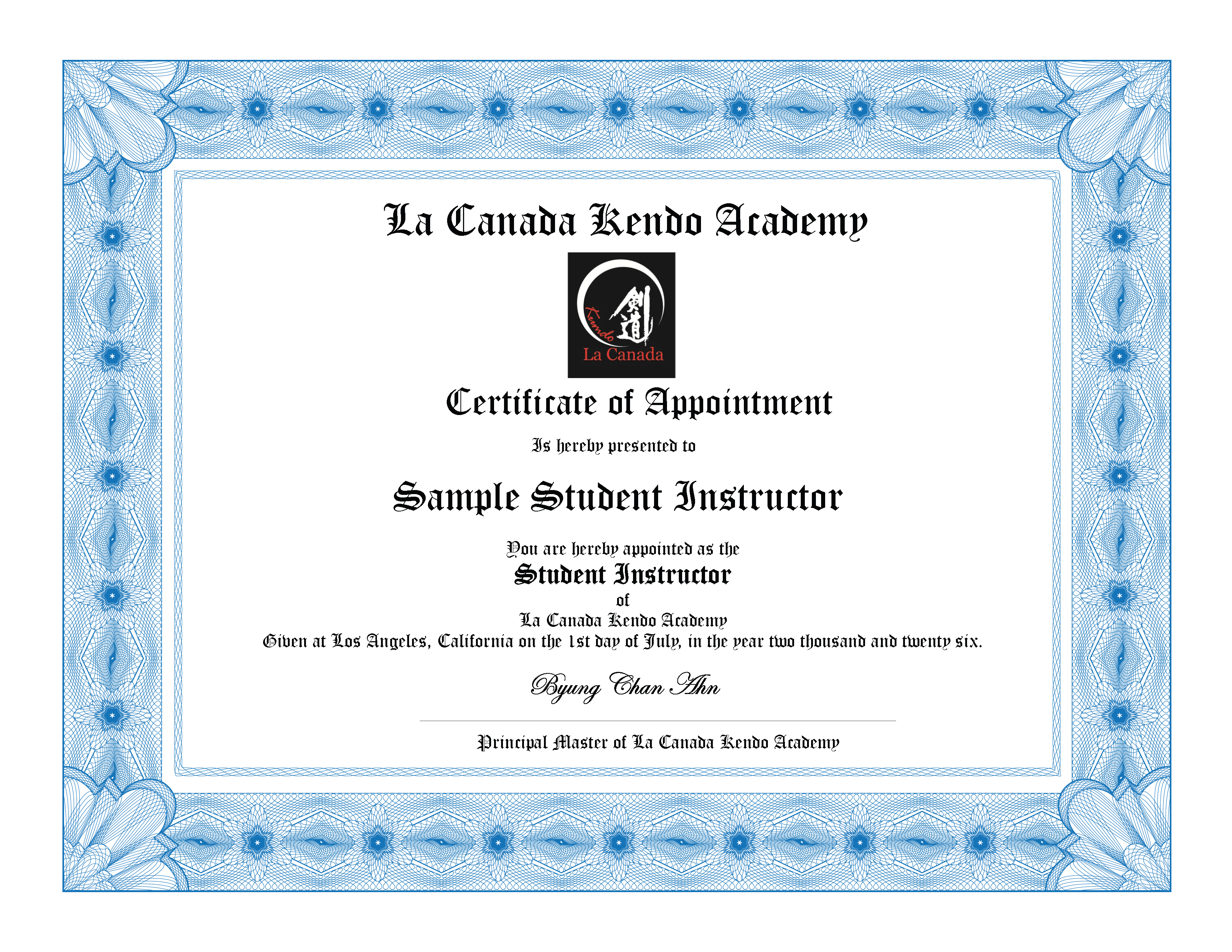 Sample LCKA Student Instructor Certificate of Appointment.